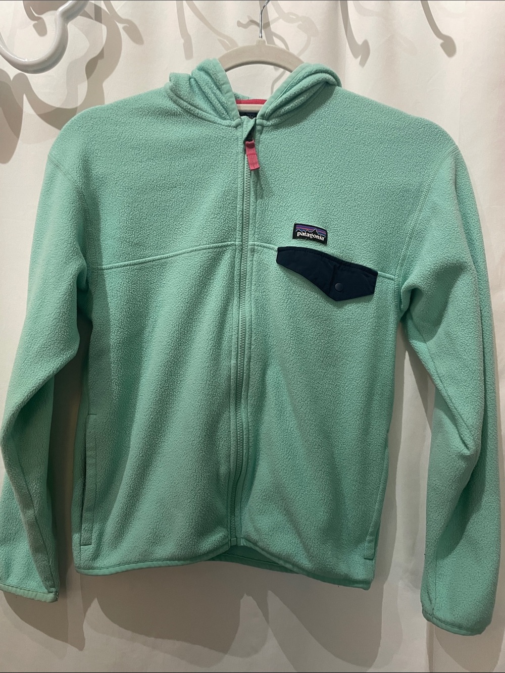 Patagonia Mint Green Hooded Fleece Jacket with Navy Chest Pocket